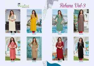 REHANA VOL 3 PREMIUM RAYON LIVA TAGS THREAD WORK AND HANDWORK KURTI WITH POCKET AND OTHER PATTERNS BY KARISSA INDEX